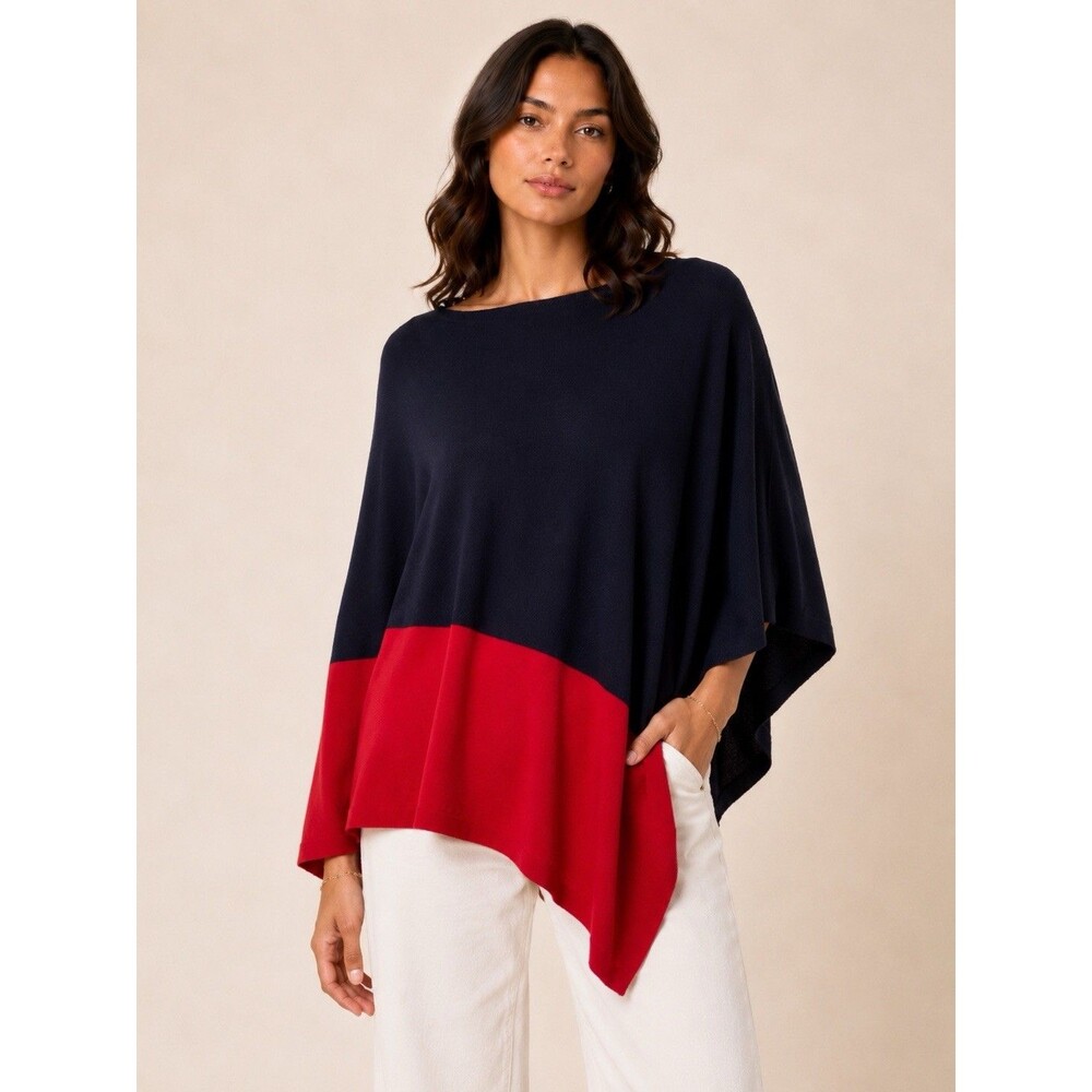 LOFT Women Cotton Blend Poncho Navy & Red- Nursing Modest Nautical Coastal NWOT